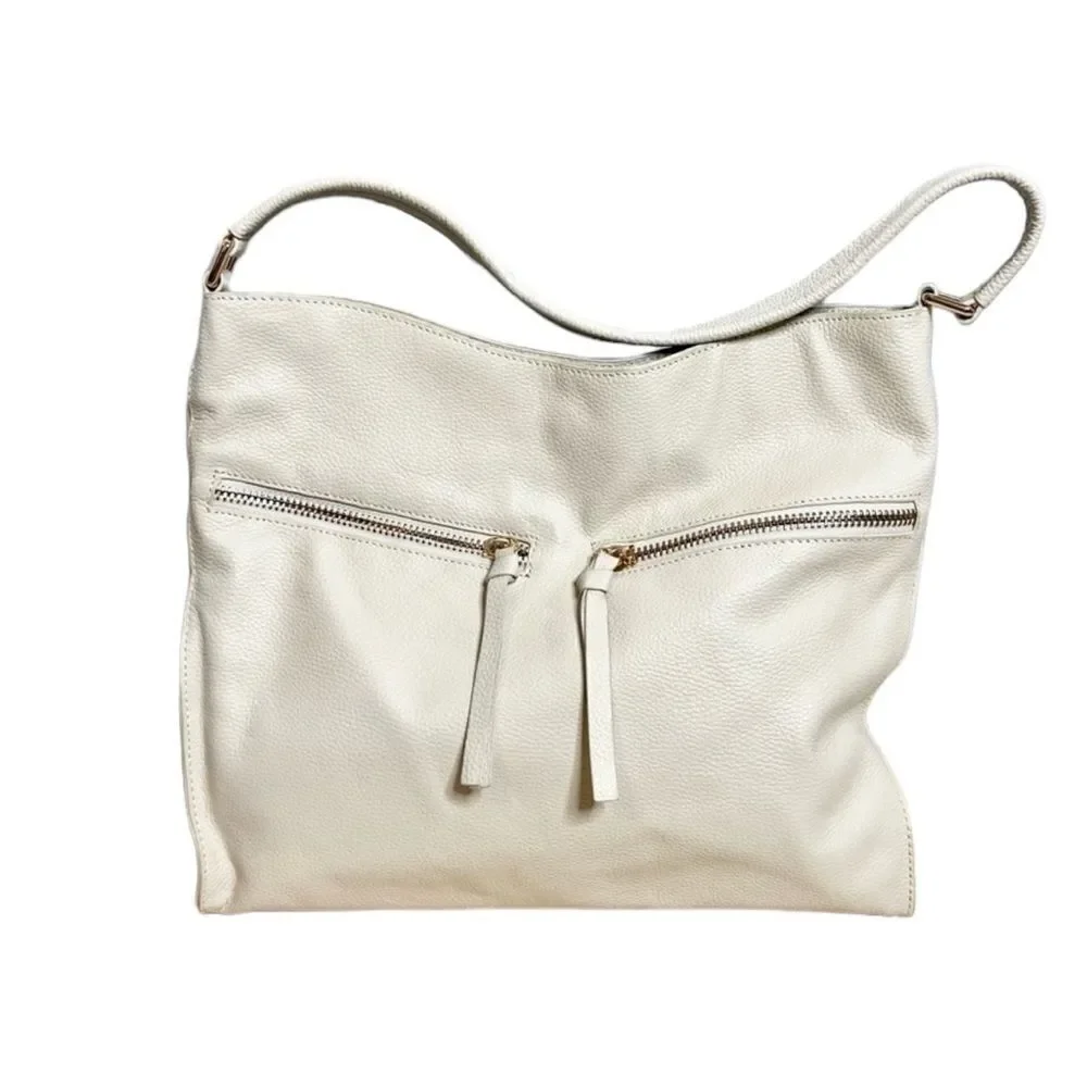 Tote Le Monde Ivory Pebbled Leather Slouchy Hobo Shoulder Bag Quiet Luxury Chic
